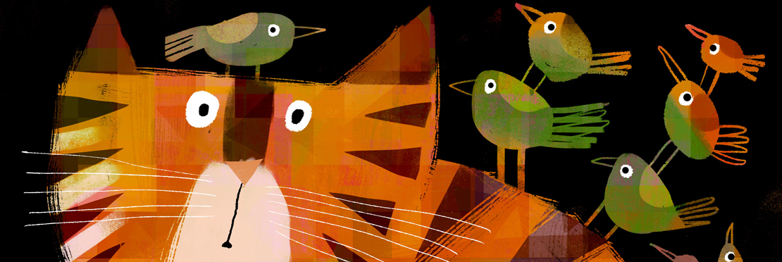 Cat and birds animal illustration by illustrator Gareth Lucas, represented by Kids Corner Illustration Agency