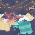 Illustrations from the children's dinosaur picture book, Nighty Night, Dinos, illustrated by Anna Doherty.