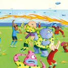 Illustrations from the illustrated book The Dinosaur that Pooped a Football, written by Tom Fletcher and Dougie Poynter from Mcfly and illustrated by Garry Parsons.