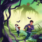 Harry Milburn's illustrations for a spooky monster scene with children running away.