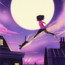 Harry Milburn's illustration of a girl and cat jumping over the moon.