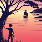 Harry Milburn's illustration of a boy looking out to sea at a pirate ship.